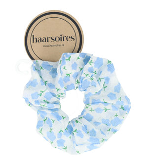 Scrunchie Haarelastiek Bloemen Patroon Wit Groen Blauw