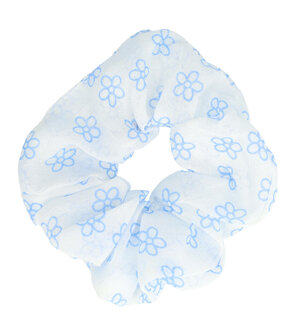 Scrunchie Haarelastiek Bloemen Patroon Wit Blauw