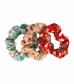 Scrunchie Haarelastiek Bloemen Patroon Roze Blauw Rood