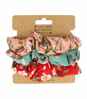 Scrunchie Haarelastiek Bloemen Patroon Roze Blauw Rood