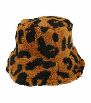 Bucket Hat Teddy Imitatie Bont Panter Print Bruin Zwart