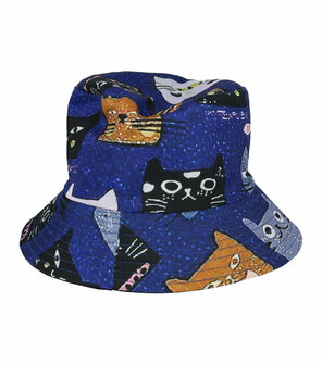 Bucket Hat Omkeerbaar Katten Patroon Blauw