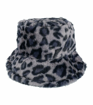 Bucket Hat Fluffy Imitatie Bont Panter Print Grijs