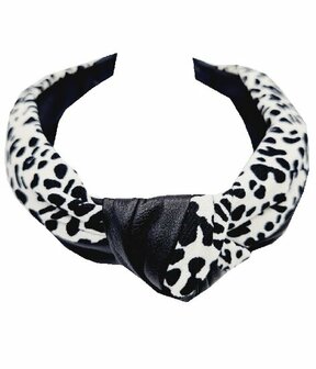 Haarband Diadeem Knoop Imitatie Leder Stof Panter Print Zwart