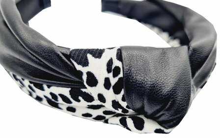 Haarband Diadeem Knoop Imitatie Leder Stof Panter Print Zwart