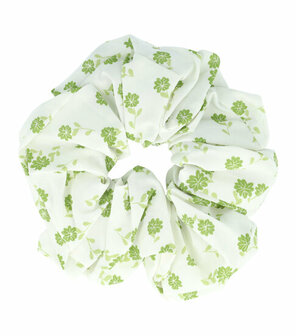 Scrunchie Haarelastiek XL Bloemen Print Wit Groen