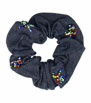 Scrunchie Haarelastiek Ibiza Kralen Jeans Blauw