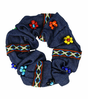 Scrunchie Haarelastiek Ibiza Kralen Sierband Jeans Blauw