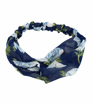 Haarband Twist Bloemen Print Voile Stof Donker Blauw