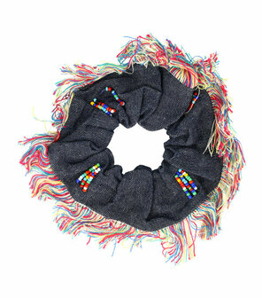 Scrunchie Haarelastiek Ibiza Kralen Franje Jeans Blauw Color