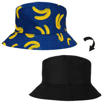 Bucket Hat Omkeerbaar Bananen Print Zwart Geel Blauw