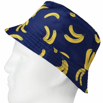 Bucket Hat Omkeerbaar Bananen Print Zwart Geel Blauw