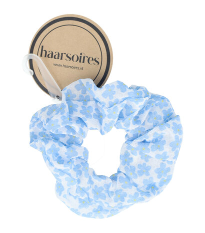 Scrunchie Haarelastiek Bloemen Patroon Wit Blauw