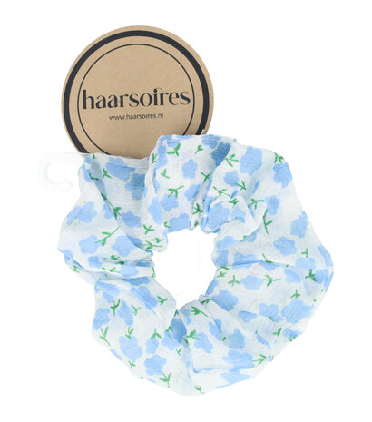 Scrunchie Haarelastiek Bloemen Patroon Wit Groen Blauw