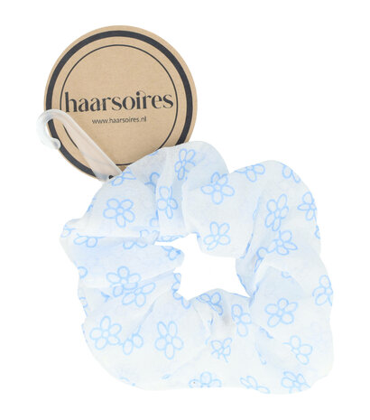 Scrunchie Haarelastiek Bloemen Patroon Wit Blauw