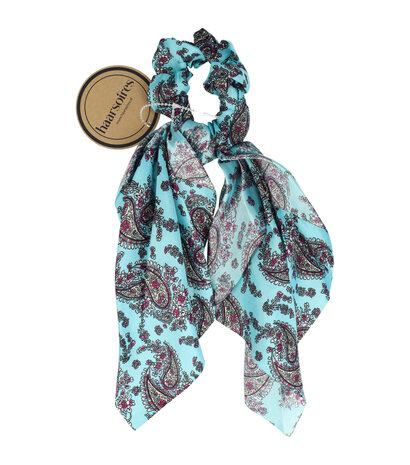 Scrunchie Haarelastiek Linten Paisley Print Aqua Blauw