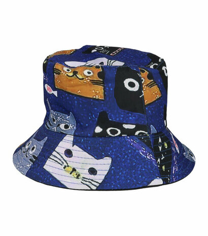 Bucket Hat Omkeerbaar Katten Patroon Blauw