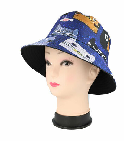 Bucket Hat Omkeerbaar Katten Patroon Blauw