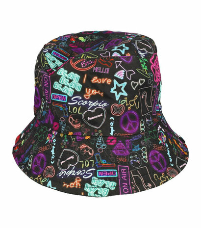 Bucket Hat Omkeerbaar Tekst Figuren Patroon Paars Zwart