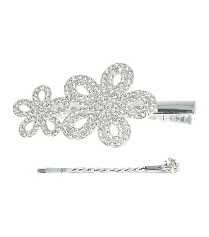 Duckklem Bloemen Fantasie Strass Steentjes 7cm Zilver