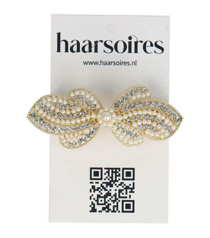 Haarspeld Strik Strass Steentjes Kleine Parel 6,5cm Creme Goud