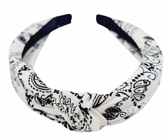 Haarband Diadeem Knoop Paisley Print Zwart Wit