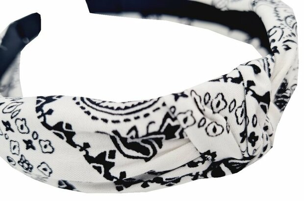 Haarband Diadeem Knoop Paisley Print Zwart Wit