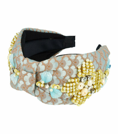 Haarband Diadeem Statement Parel Kralen Leaves 8cm Bruin Blauw