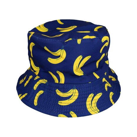 Bucket Hat Omkeerbaar Bananen Print Zwart Geel Blauw