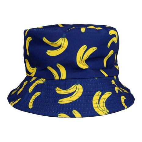 Bucket Hat Omkeerbaar Bananen Print Zwart Geel Blauw