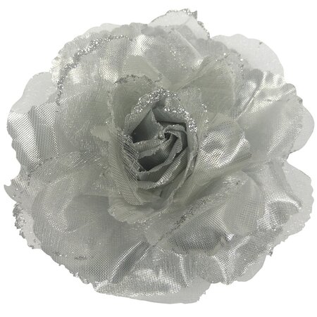 Haarbloem Duckklem Elastiek Broche Roos Bloem 10cm Glitter Zilver