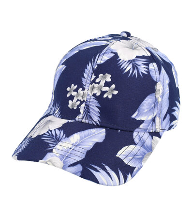 Cap Tropische Bloemen Patroon Maat 54cm - 58cm Wit Donker Blauw