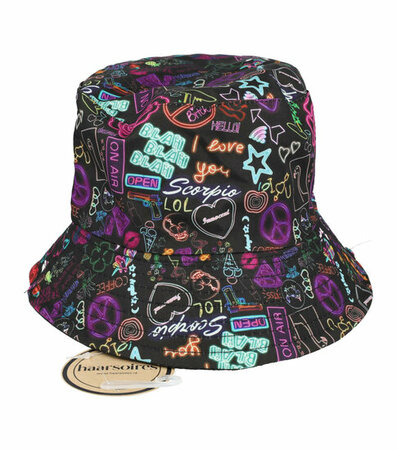 Bucket Hat Omkeerbaar Tekst Figuren Patroon Paars Zwart