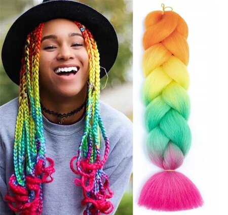 Jumbo Braids Hairextentions Color 60cm Regenboog Oranje Geel Groen Roze