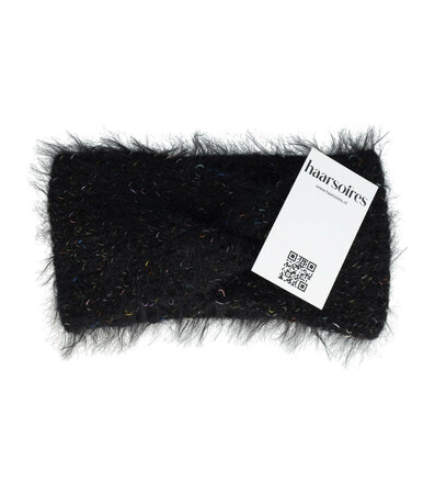 Haarband Twist Fluffy Knitted 12cm Wol Zwart