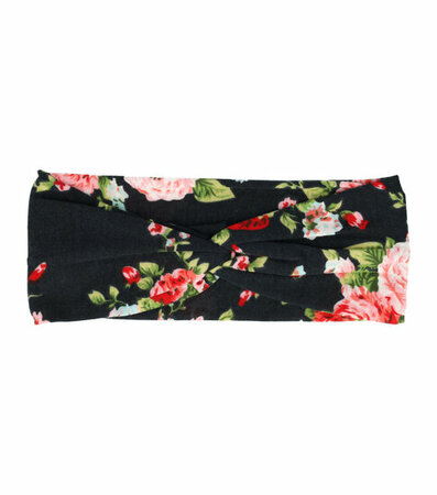 Haarband Knoop Roos Bloemen Print Zwart